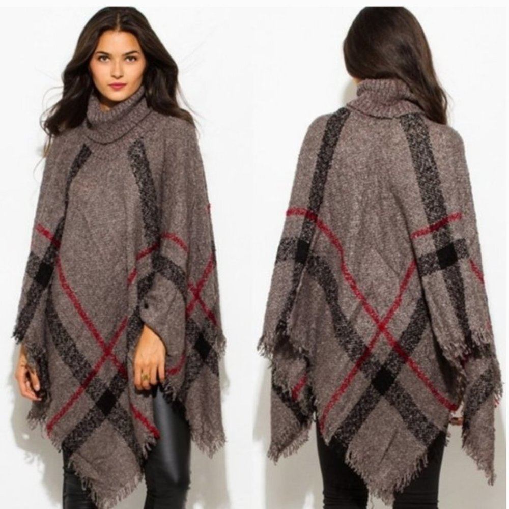 Nubby gray plaid turtleneck poncho brand new